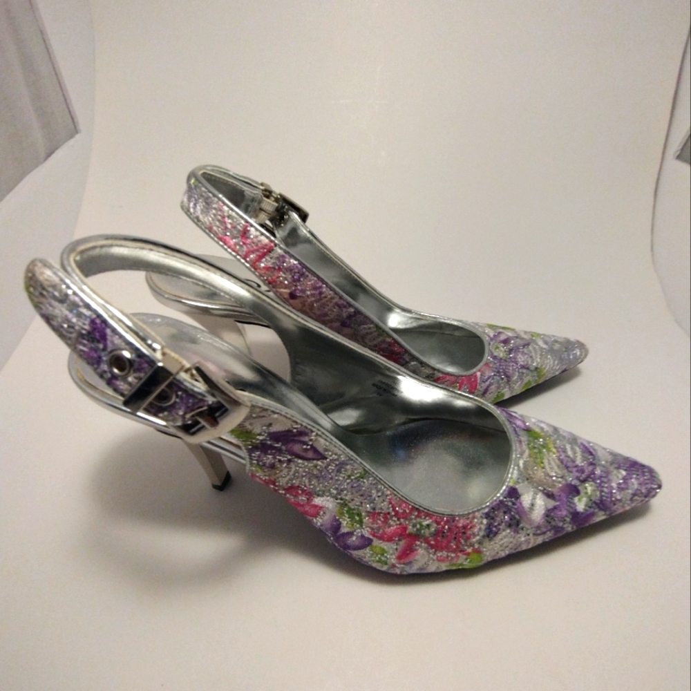 Proxy, Floral w/Silver Shimmer Sling Back 3 1/2 in Heels, SZ 9